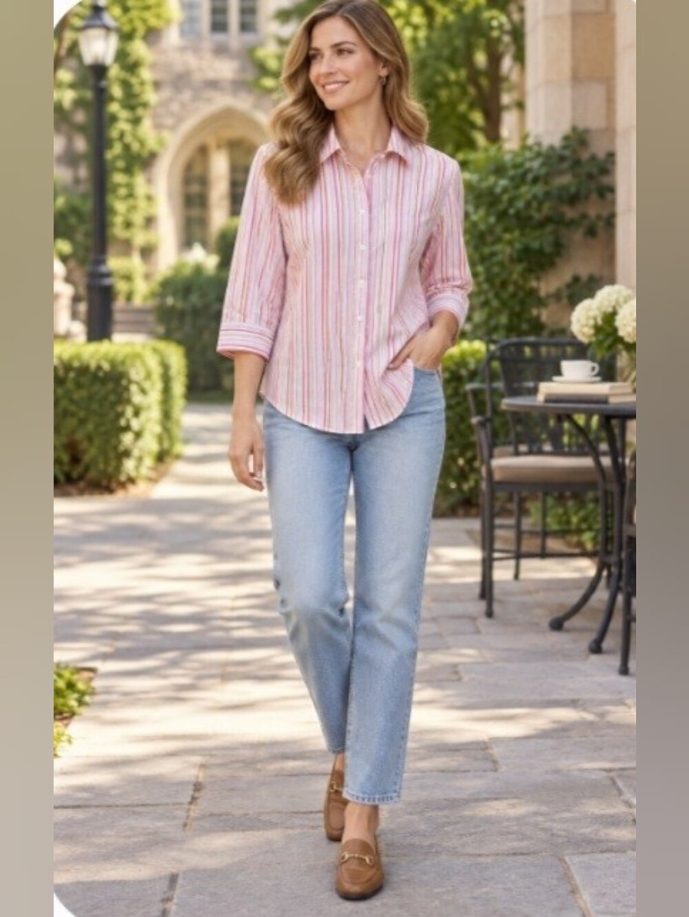 J. Crew Red White Striped Fitted Button Down 3/4 Sleeve Shirt Medium Preppy